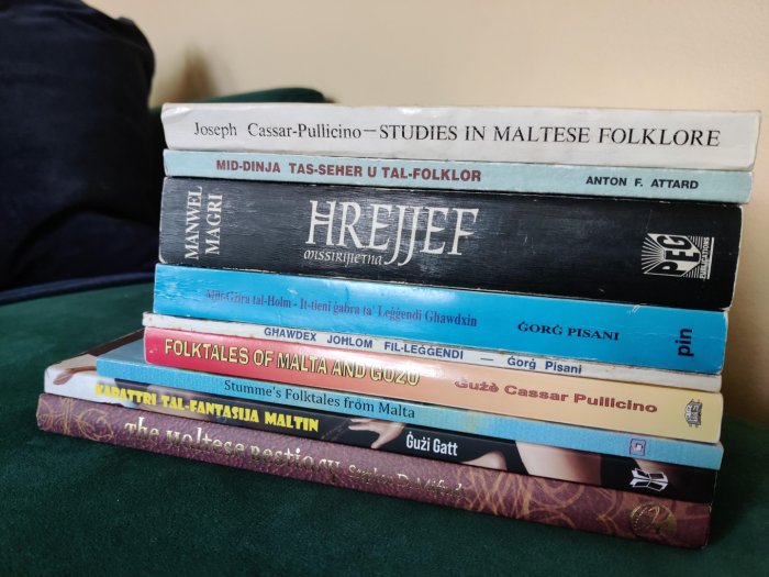 A pile of books about Maltese folklore and folktales