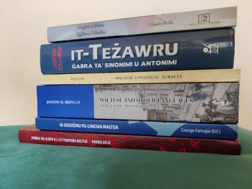 A pile of books about the Maltese language